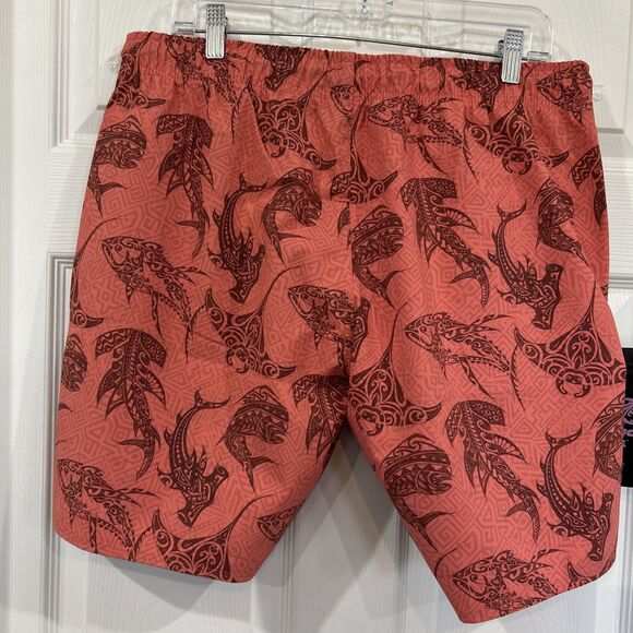 Psycho Tuna Men's XL Swim Trunks Shorts Tribal Fish Print Peach Echo - Picture 8 of 12